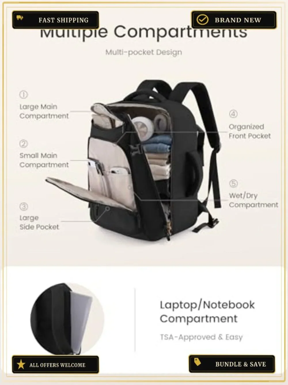 40L Travel Laptop Backpack Airline Approved with Packing Cubes for Business